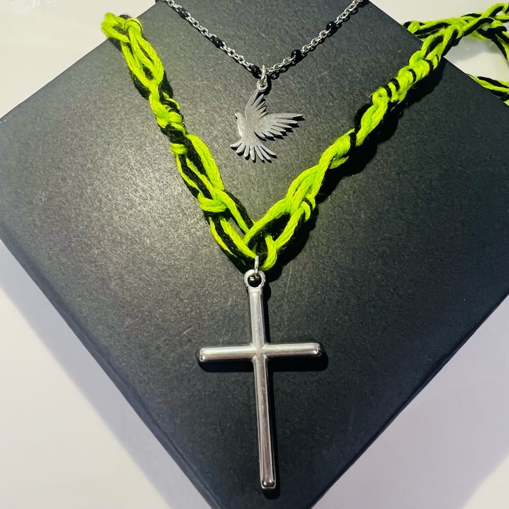 Green&Black Woven Cotton Rope w Enamel Beaded Chain, Cross Dove Pendants - Picture 1 of 4